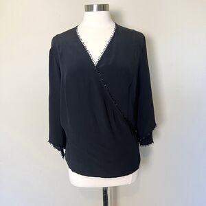 Vintage Sully Bonnelly Wrap Top Womens 16 Black Silk Beaded Wrap Tie Blouse